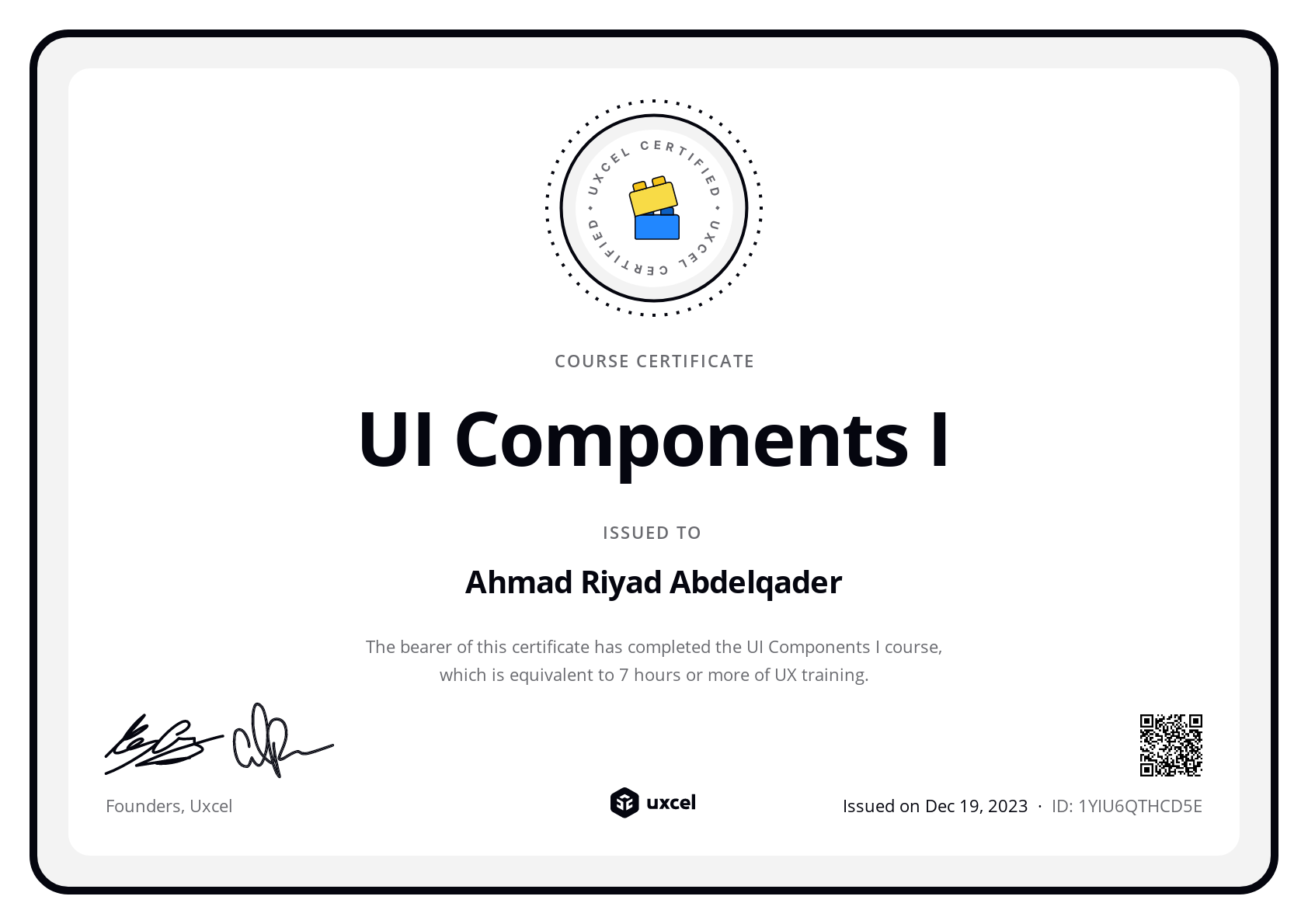 Ahmad Riyad Abdelqader's certificate